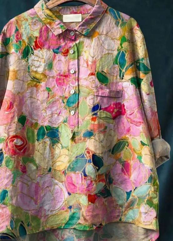 Women's Colorful Flower Print Casual Cotton And Linen Shirt
