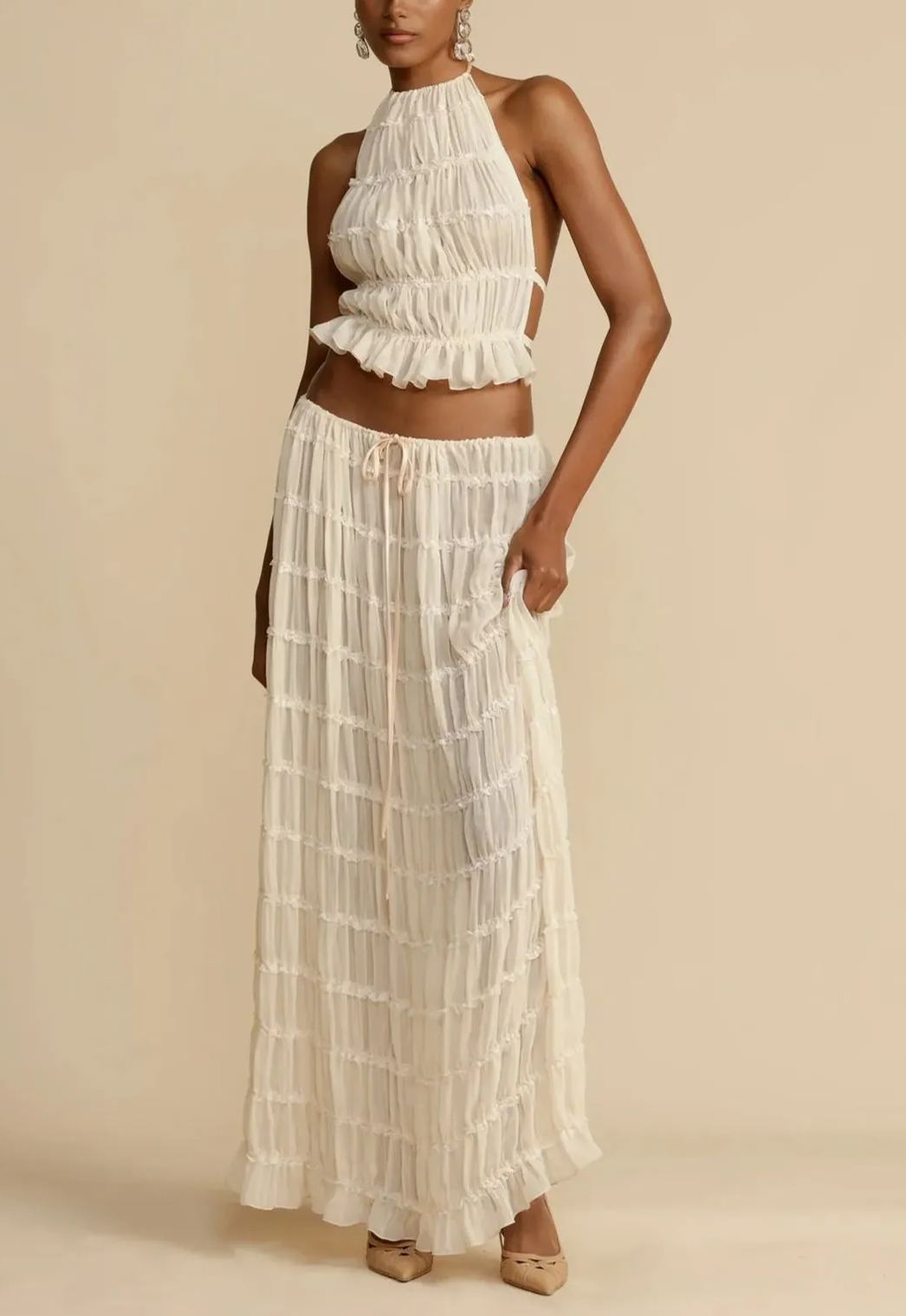 Versatility and Vintage Charm Pleated Drawstring Waist Tiered Maxi Skirt