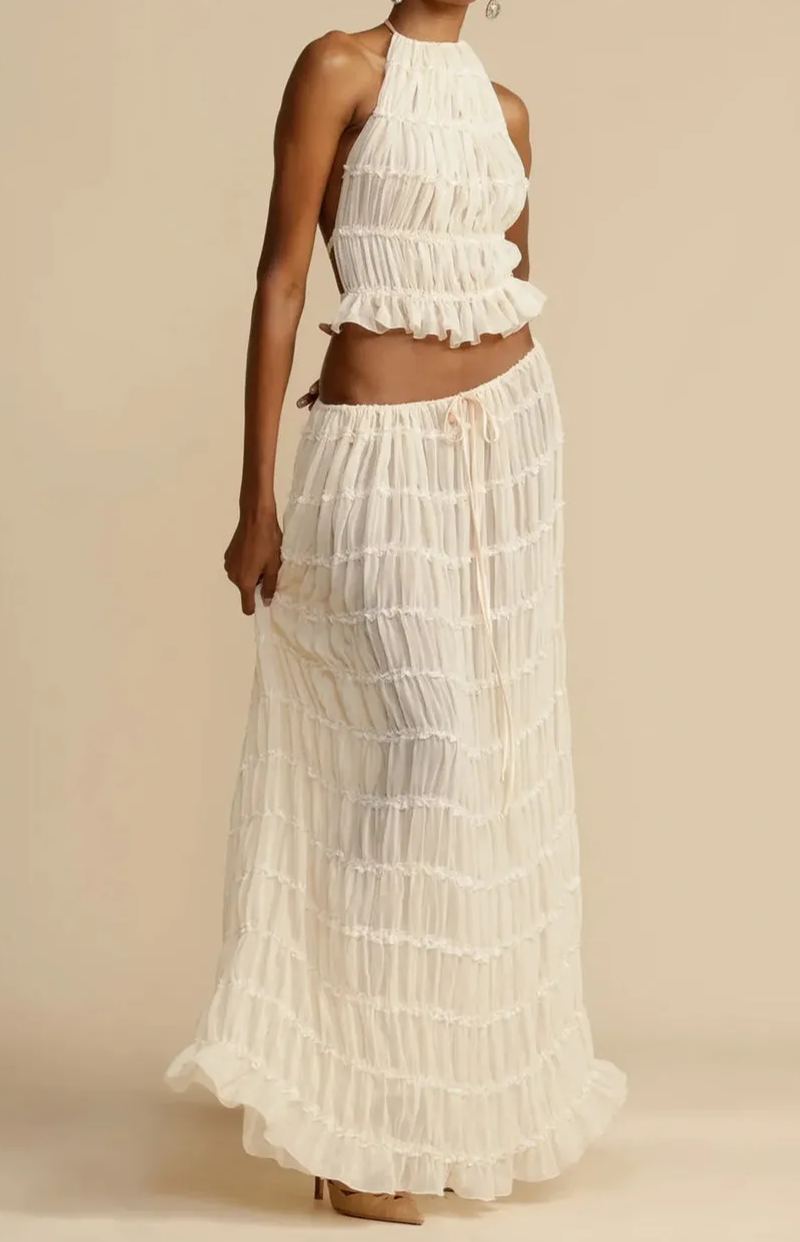 Versatility and Vintage Charm Pleated Drawstring Waist Tiered Maxi Skirt