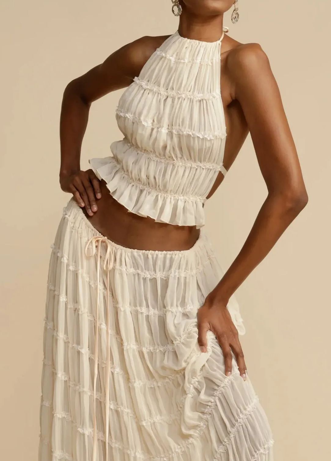 Versatility and Vintage Charm Pleated Drawstring Waist Tiered Maxi Skirt