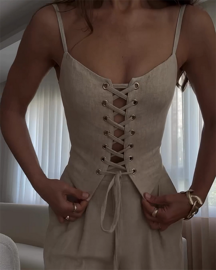 Suspender Drawstring Top and Pants Two-piece Set