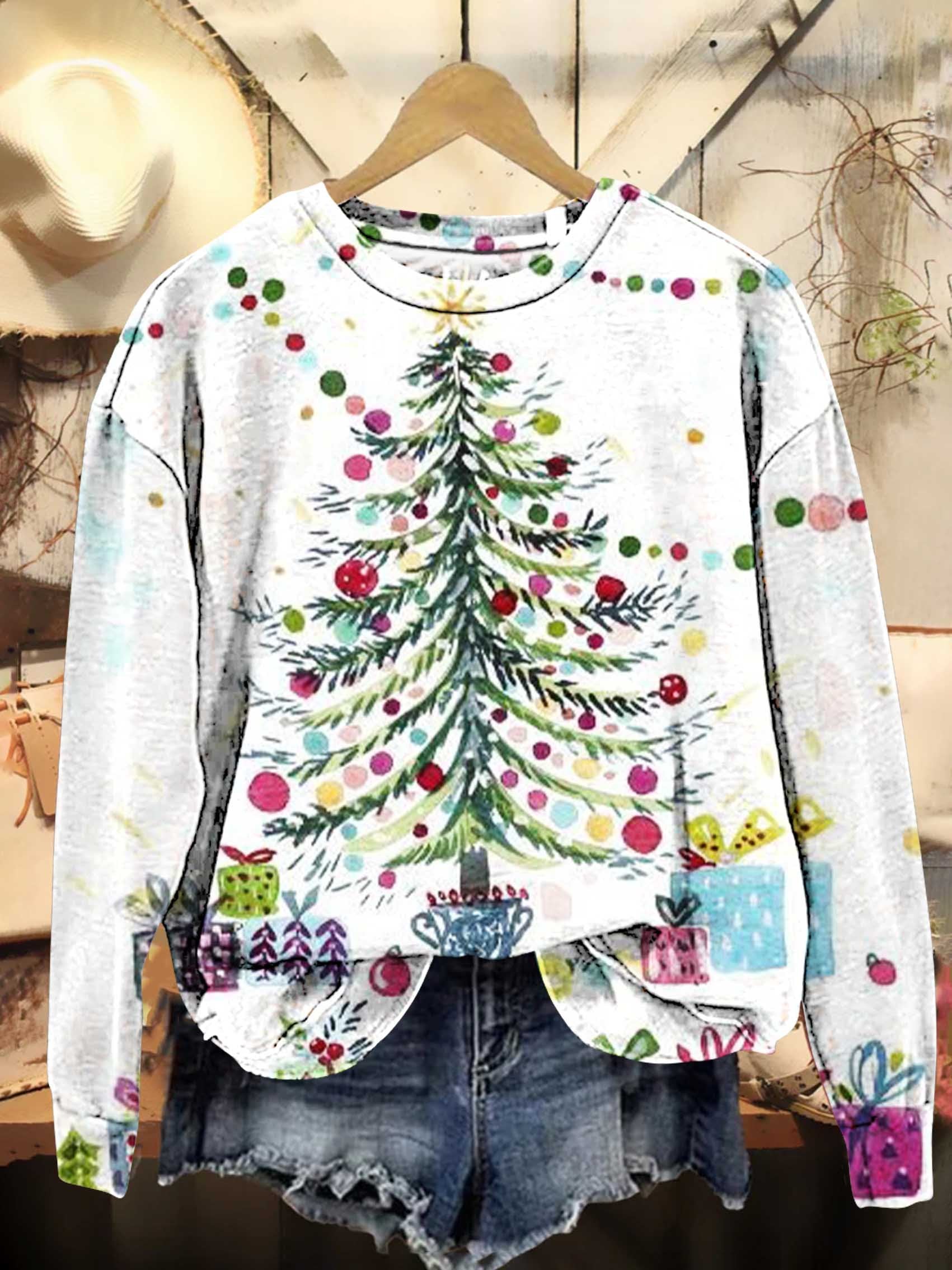 Christmas Tree Gift Print Casual Sweatshirt