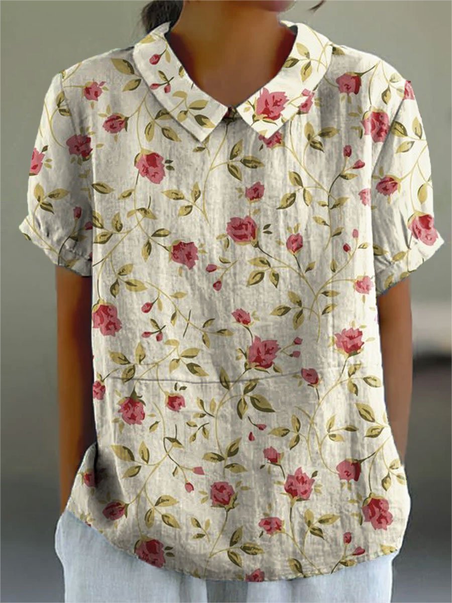 Women's Flower Print Casual Cotton And Linen Shirt
