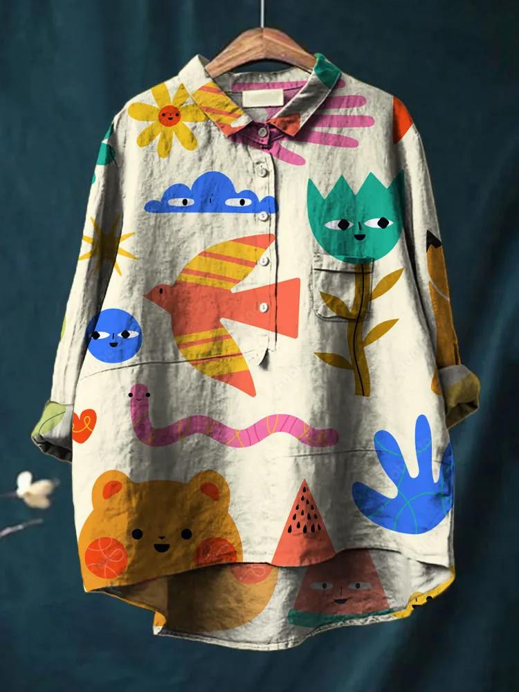 Lovely Cartoon Character Pattern Printed Women's Casual Cotton And Linen Shirt
