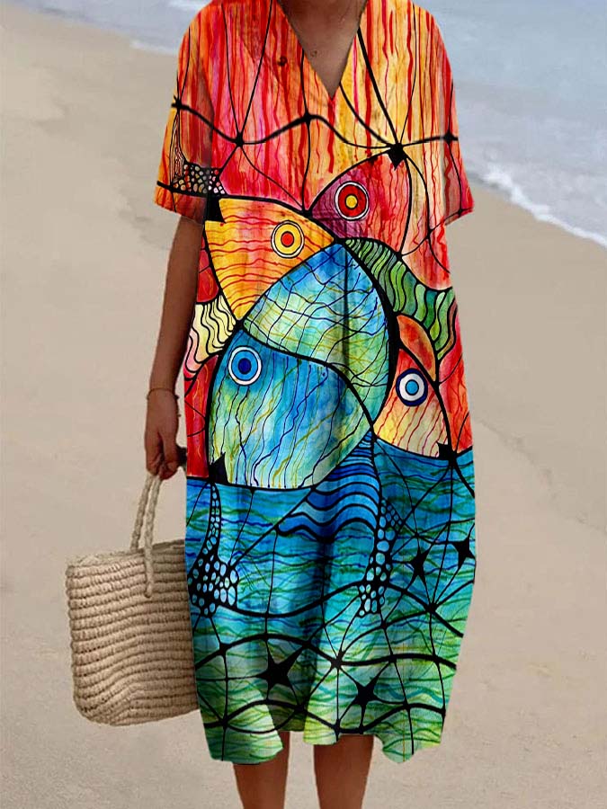 Women's Colorblock Fish Print Casual Cotton And Linen Dress
