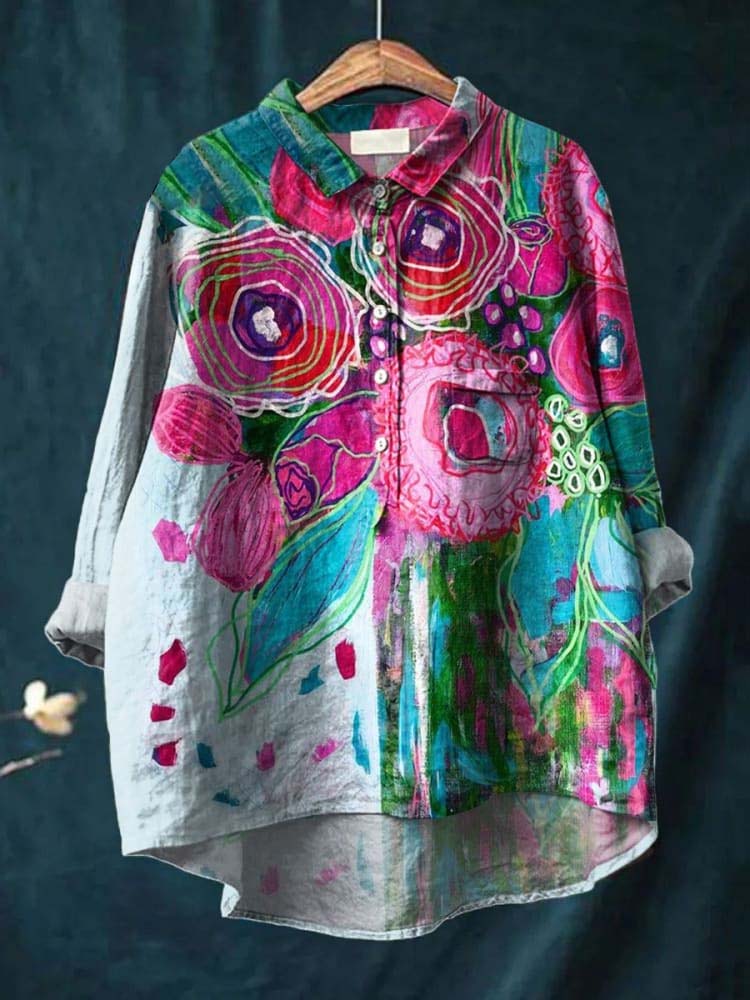 Vintage Lovely Floral Art Print Casual Cotton And Linen Shirt