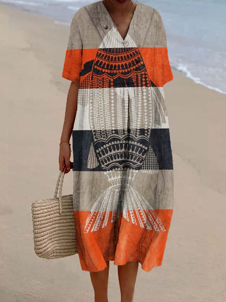 Women's Striped Colorblock Fish Print Casual Cotton And Linen Dress