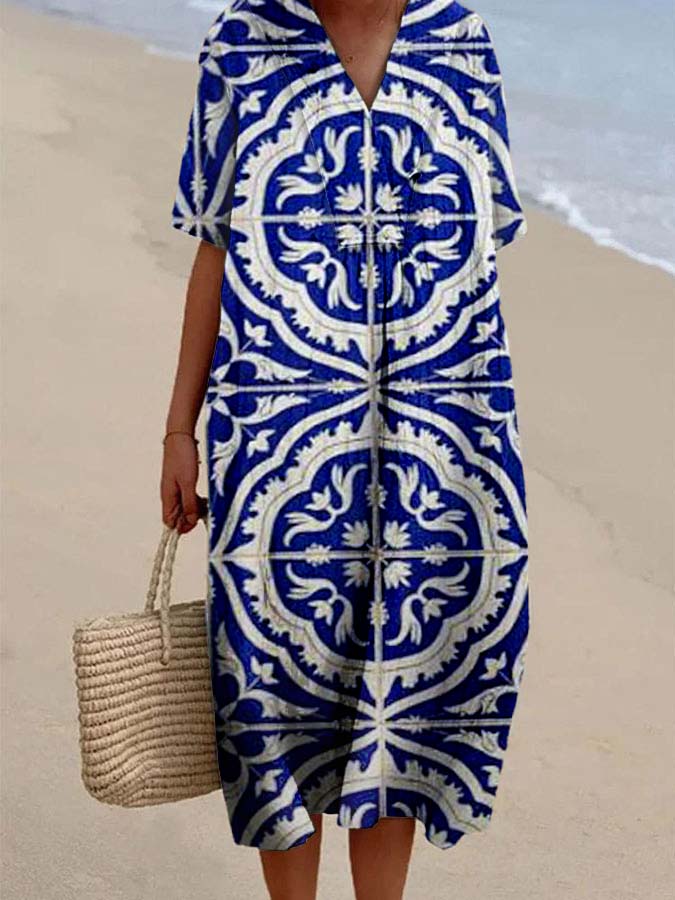 Women's Vintage Colorblock Print Casual Cotton And Linen Dress