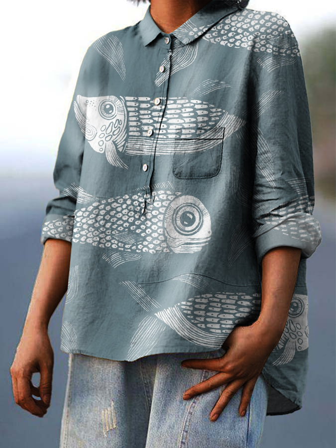 Women's Blue Fish Print Casual Cotton And Linen Shirt
