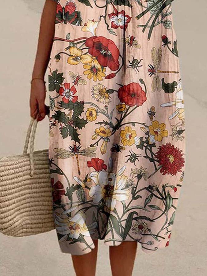 Women's Flower Print Casual Cotton And Linen Dress