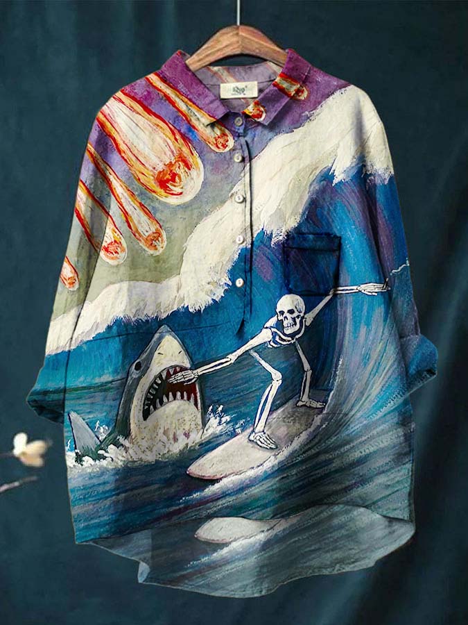 Women's Skull Shark Art Print Casual Linen Shirt