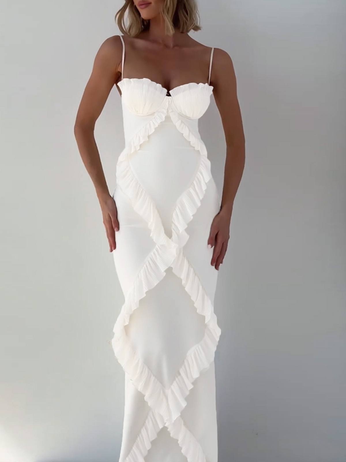 White Fungus-Trimmed Slit Maxi Dress