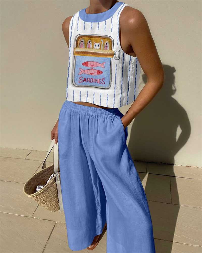 Kitten And Fish Print Two Piece Set