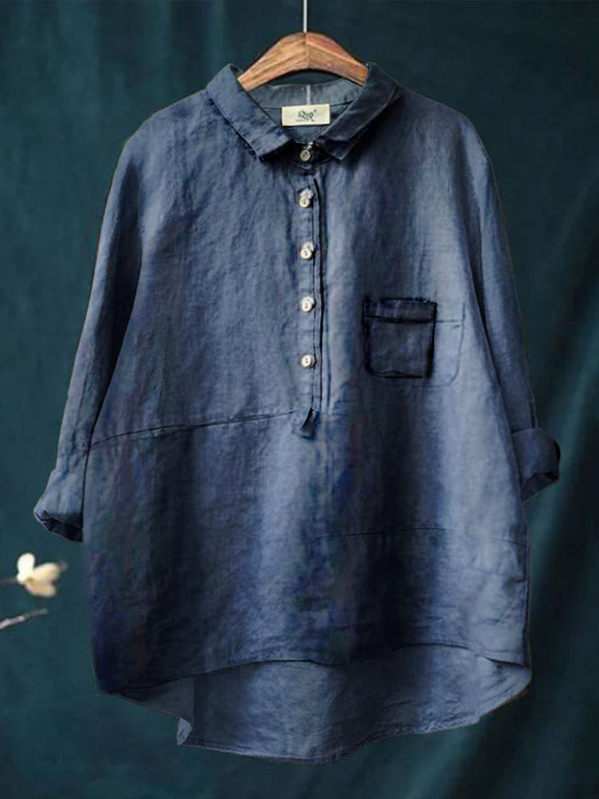 Women's Lapel Neck Casual Solid Colour Cotton And Linen Long Sleeve Shirt