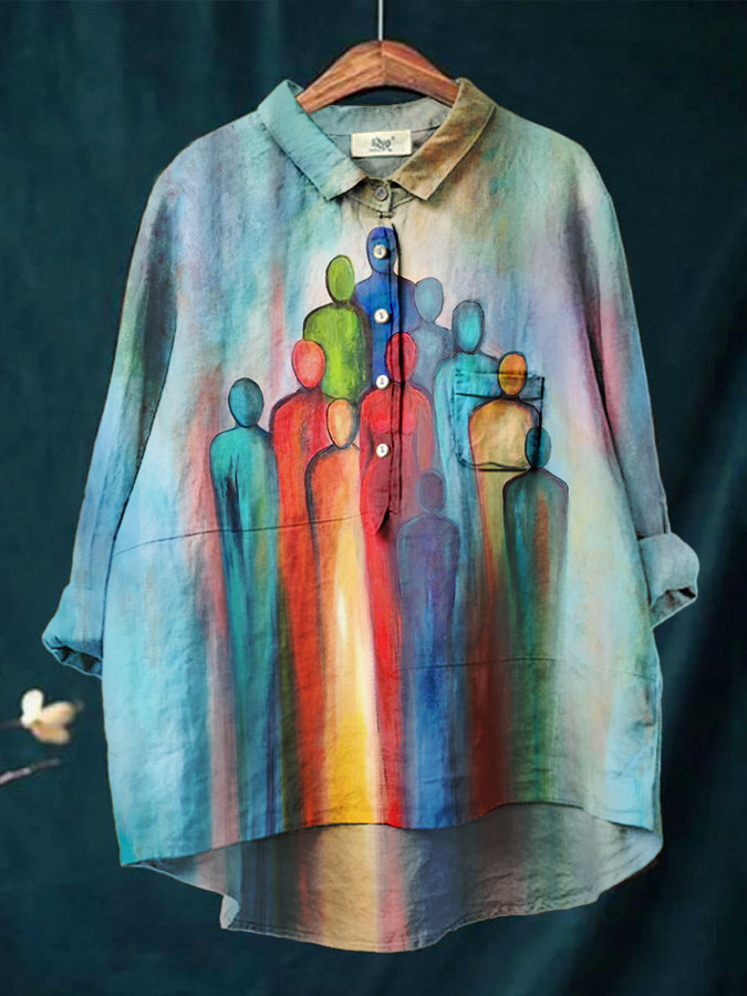 Women's Retro Abstract Colorblock Print Casual Cotton And Linen Shirt