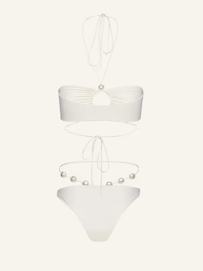 Halterneck Pearl Bandeau High Waist Bikini Swimsuit and Sarong