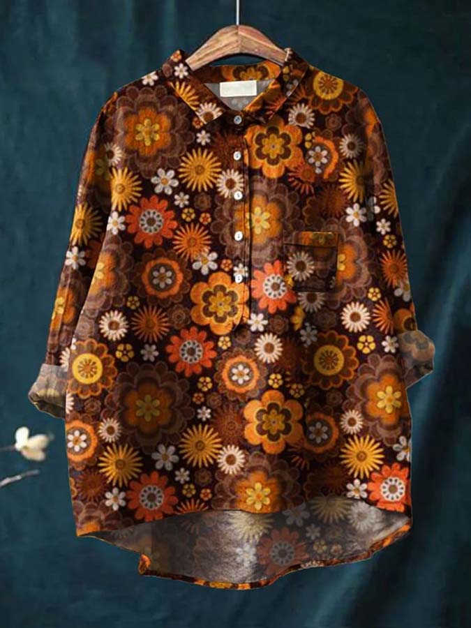 Women's Floral Art Print Casual Cotton And Linen Shirt