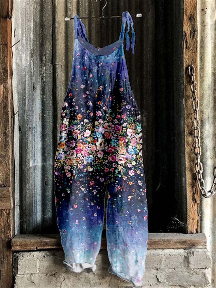 Women's Vintage Gradient Floral Print Casual Cotton and Linen Jumpsuit