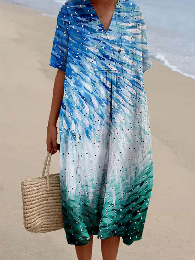 Women's Colorblock Fish Print Casual Cotton And Linen Dress