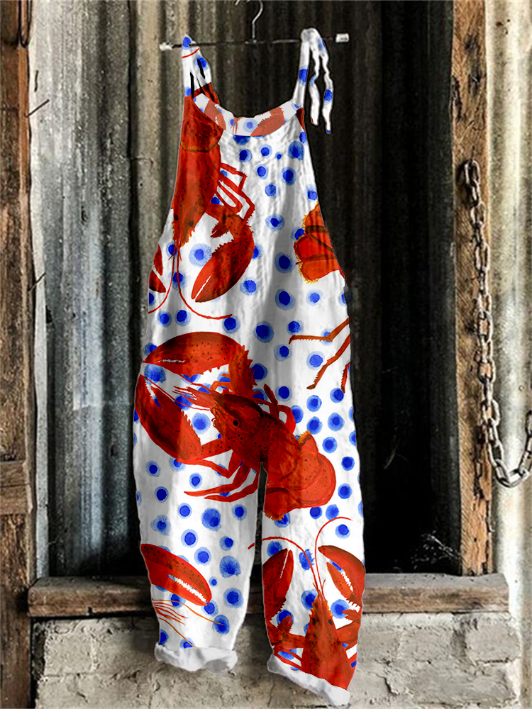 Women's Crayfish Colorblock Print Casual Cotton and Linen Jumpsuit