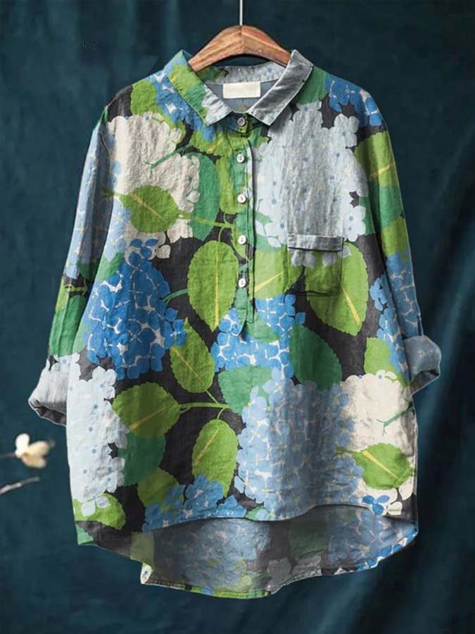 Vintage Floral Art Print Casual Cotton And Linen Shirt