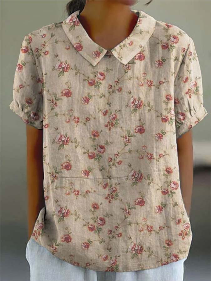 Women's Floral  Print Casual Cotton And Linen Shirt
