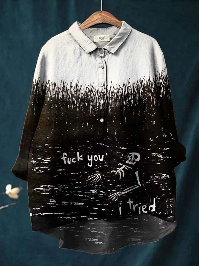 Women's Skull Colorblock Art Print Casual Linen Shirt