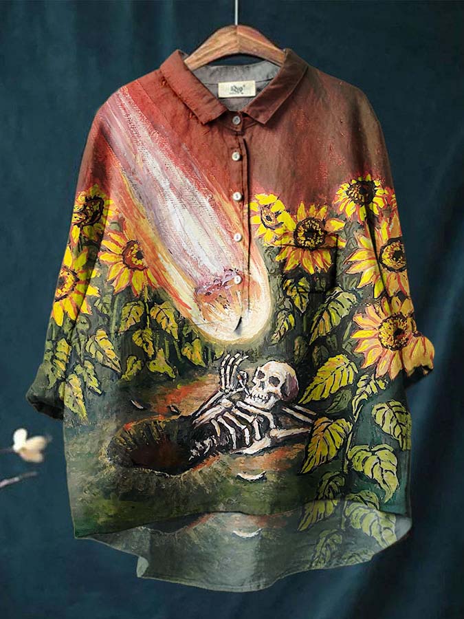 Women's Skull Sunflower Colorblock Art Print Casual Linen Shirt