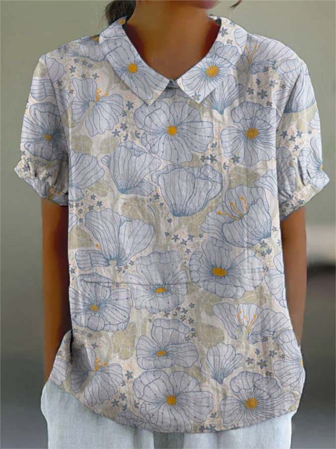 Women's Vintage Floral Art Print Casual Cotton And Linen Shirt