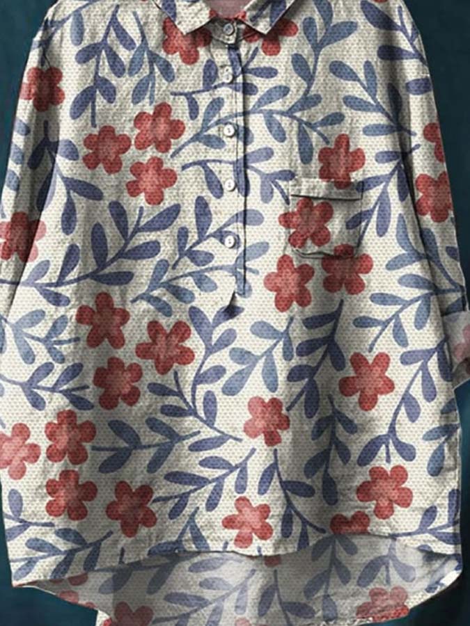 Women's Vintage Floral Art Print Casual Cotton And Linen Shirt