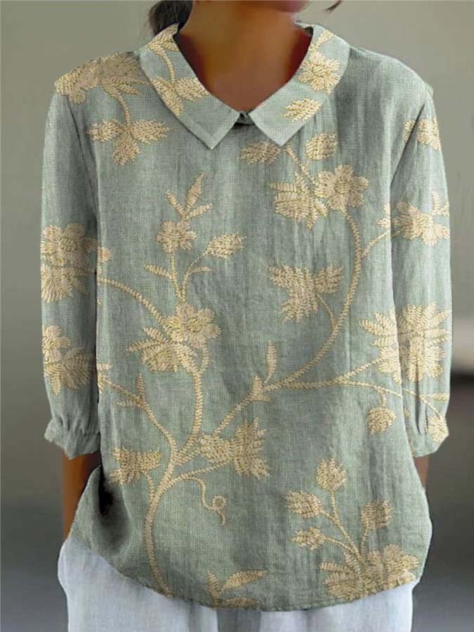 Women's Vintage Floral Art Print Casual Cotton And Linen 3/4 Sleeve Shirt