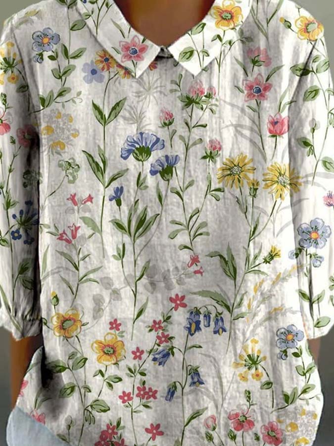 Women's Vintage Floral Art Print Casual Cotton And Linen 3/4 Sleeve Shirt