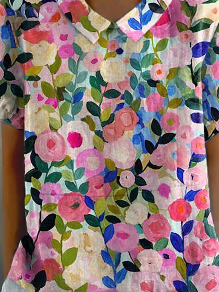 Colorful Spring Floral Garden Printed Women's Casual Cotton And Linen Shirt