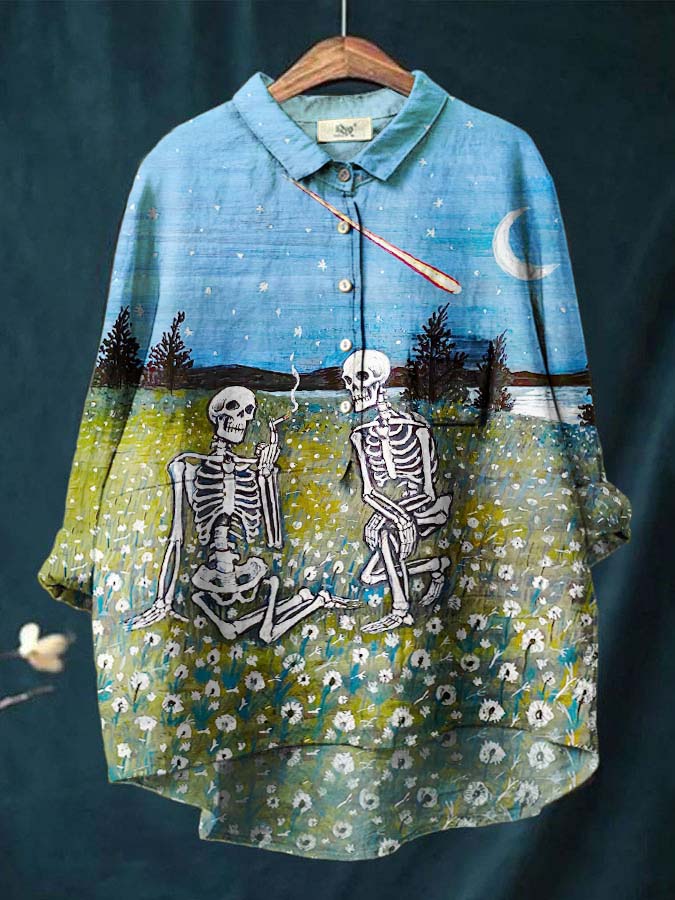 Women's Skull Colorblock Art Print Casual Linen Shirt