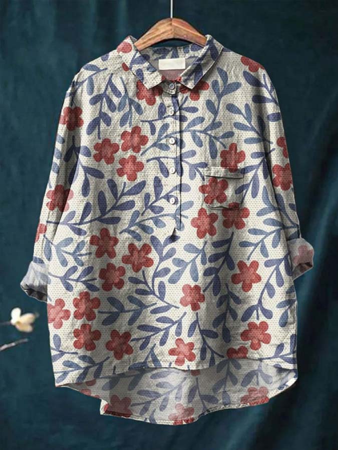 Women's Vintage Floral Art Print Casual Cotton And Linen Shirt
