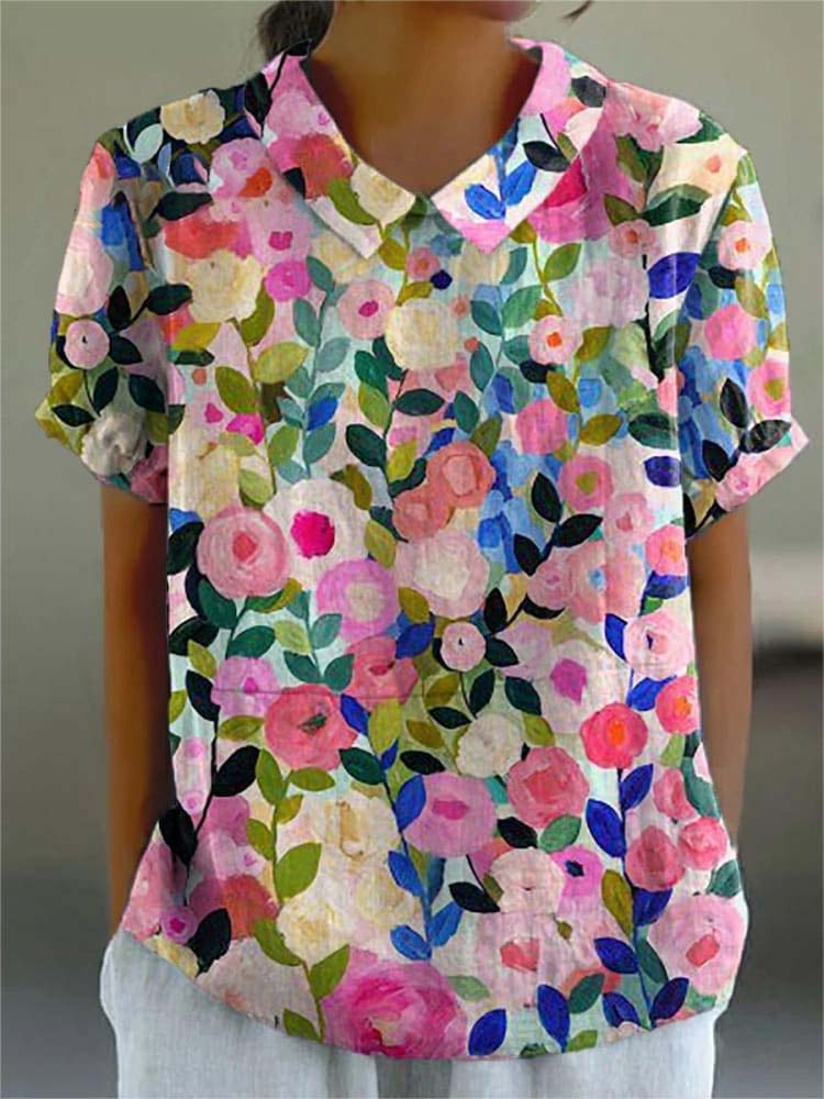 Colorful Spring Floral Garden Printed Women's Casual Cotton And Linen Shirt
