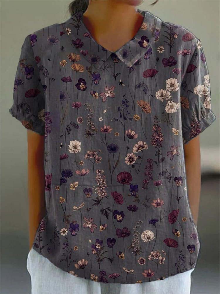Women's   Flower Art Print Casual Cotton And Linen Shirt