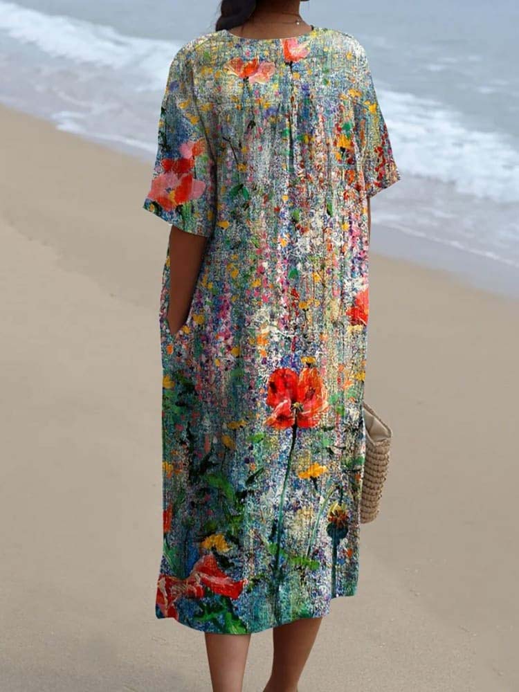 Women's Retro Floral Art Print Casual Flowy Dress