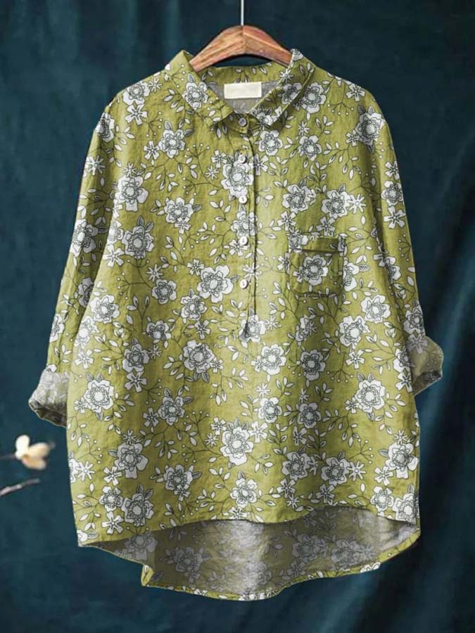 Women's Floral Art Print Casual Cotton And Linen Shirt