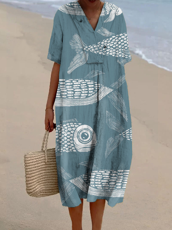 Women's Blue Fish Print Casual Cotton And Linen Dress