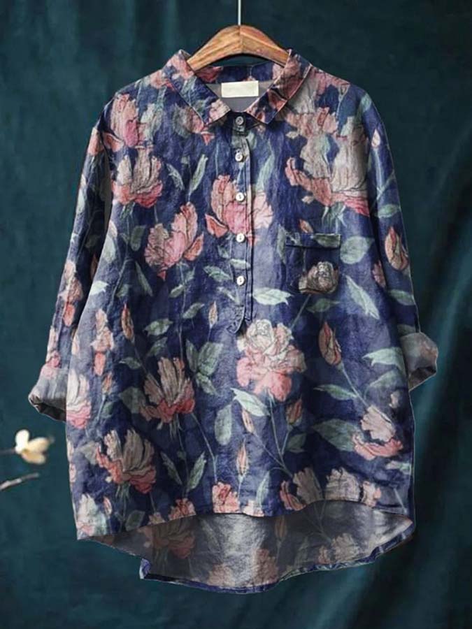 Women's Floral Art Print Casual Cotton And Linen Shirt
