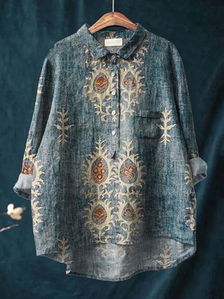 Women's Vintage Ethnic Floral Art Print Casual Cotton And Linen Shirt