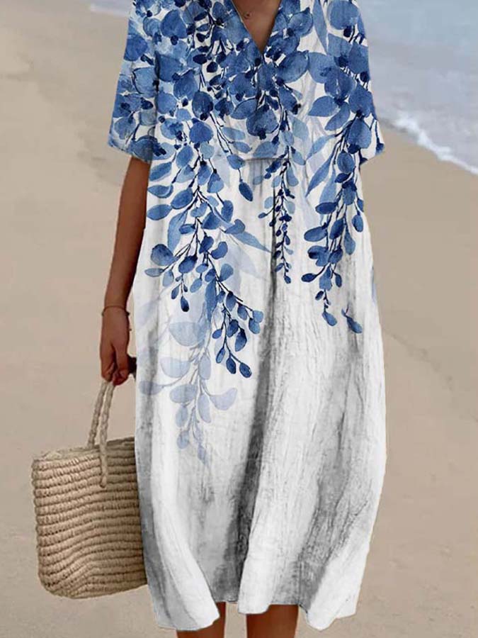 Women's Floral Gradient Print Casual Cotton And Linen Dress