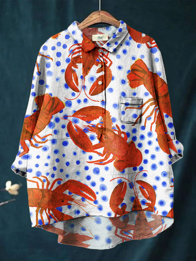 Women's Crayfish Colorblock Print Casual Cotton And Linen Shirt