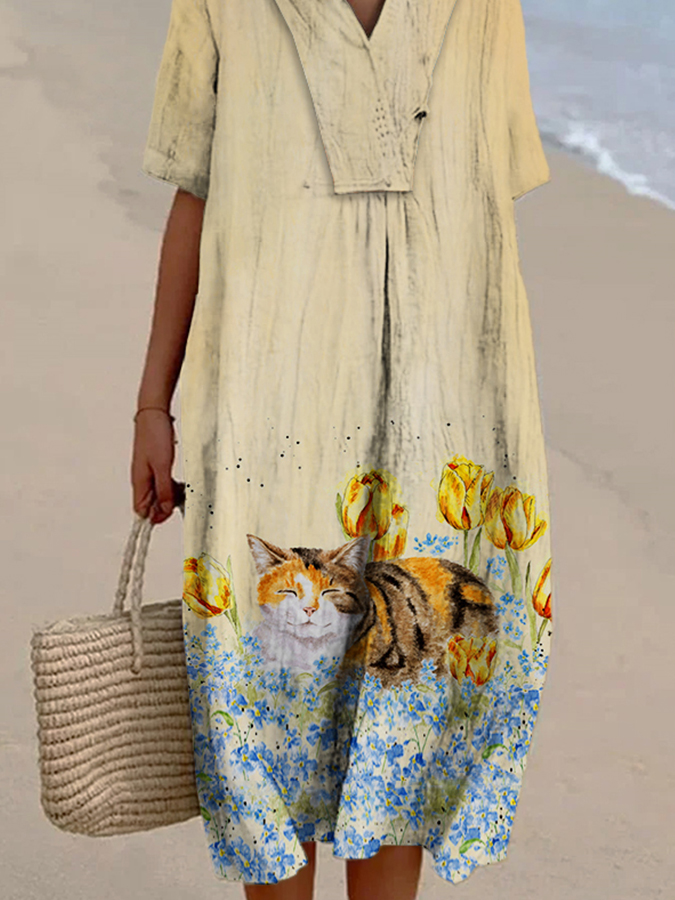 Women's Floral Cat Print Casual Cotton And Linen Dress