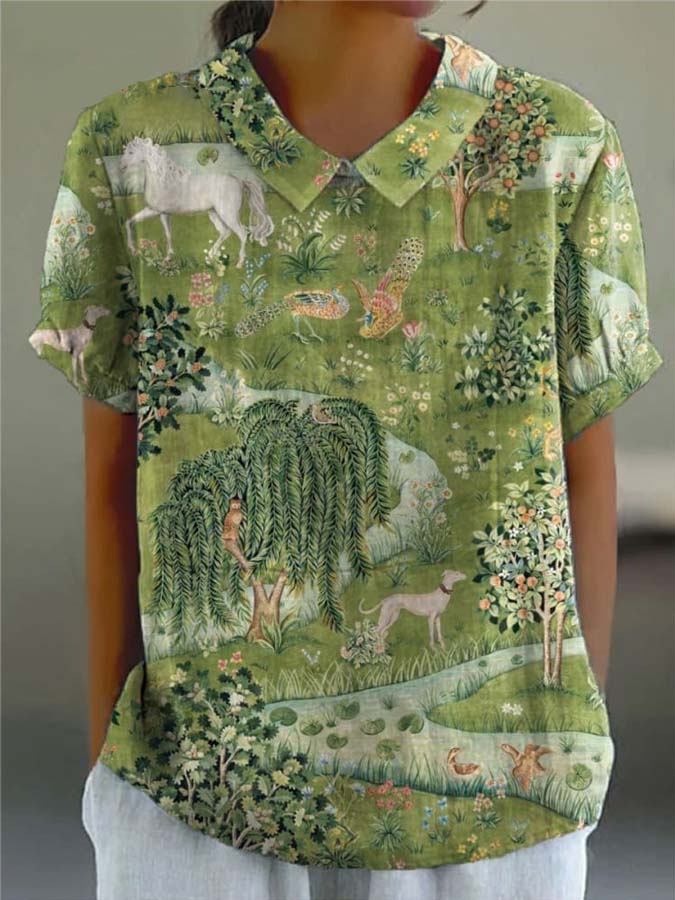Women's Floral  Print Casual Cotton And Linen Shirt