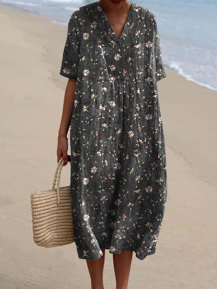 Vintage Style Petite Pink Floral Pattern Printed Women's Flowy Dress