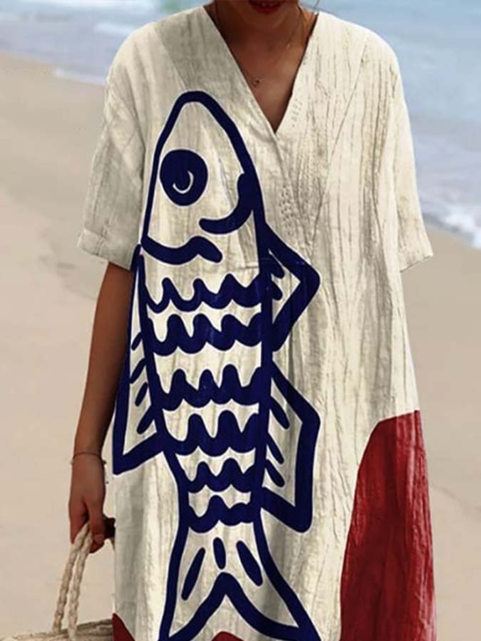Women's Vintage Fish Art Print Flowy Dress