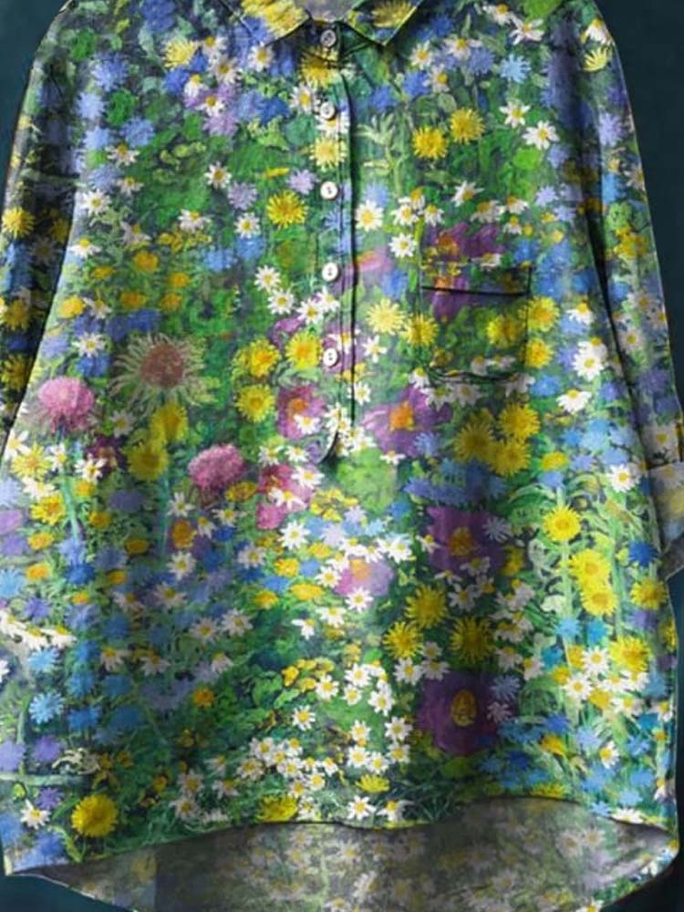 Women's Vintage Floral Art Print Casual Cotton And Linen Shirt