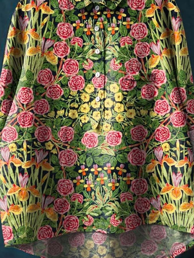 Vintage Floral Art Print Casual Cotton And Linen Shirt